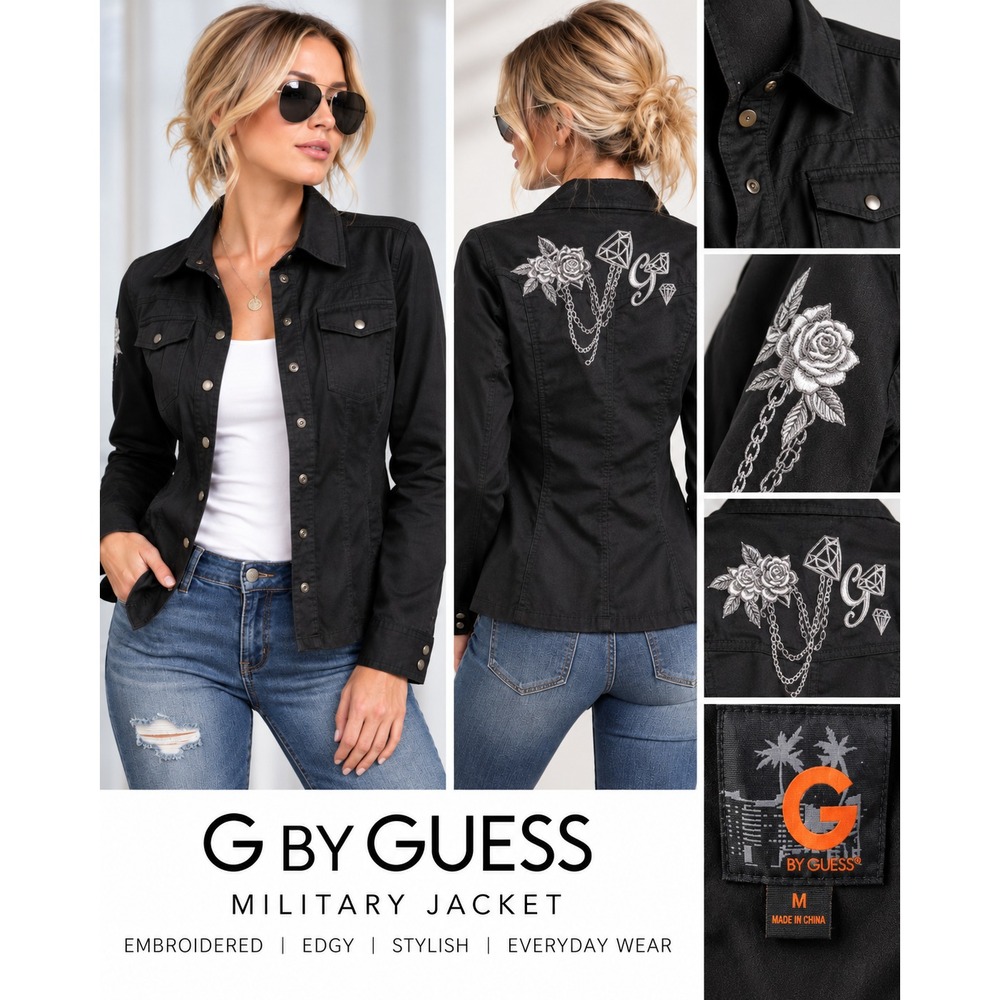 G by GUESS Womens M Black Military Jacket Embroidered Y2K Utility Snap Coat